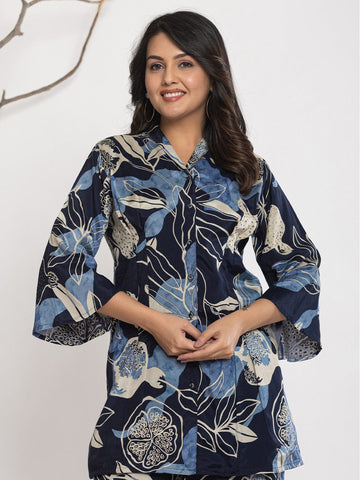 Varanga Women Floral Printed Front Placket Shirt with Flared Palazzo